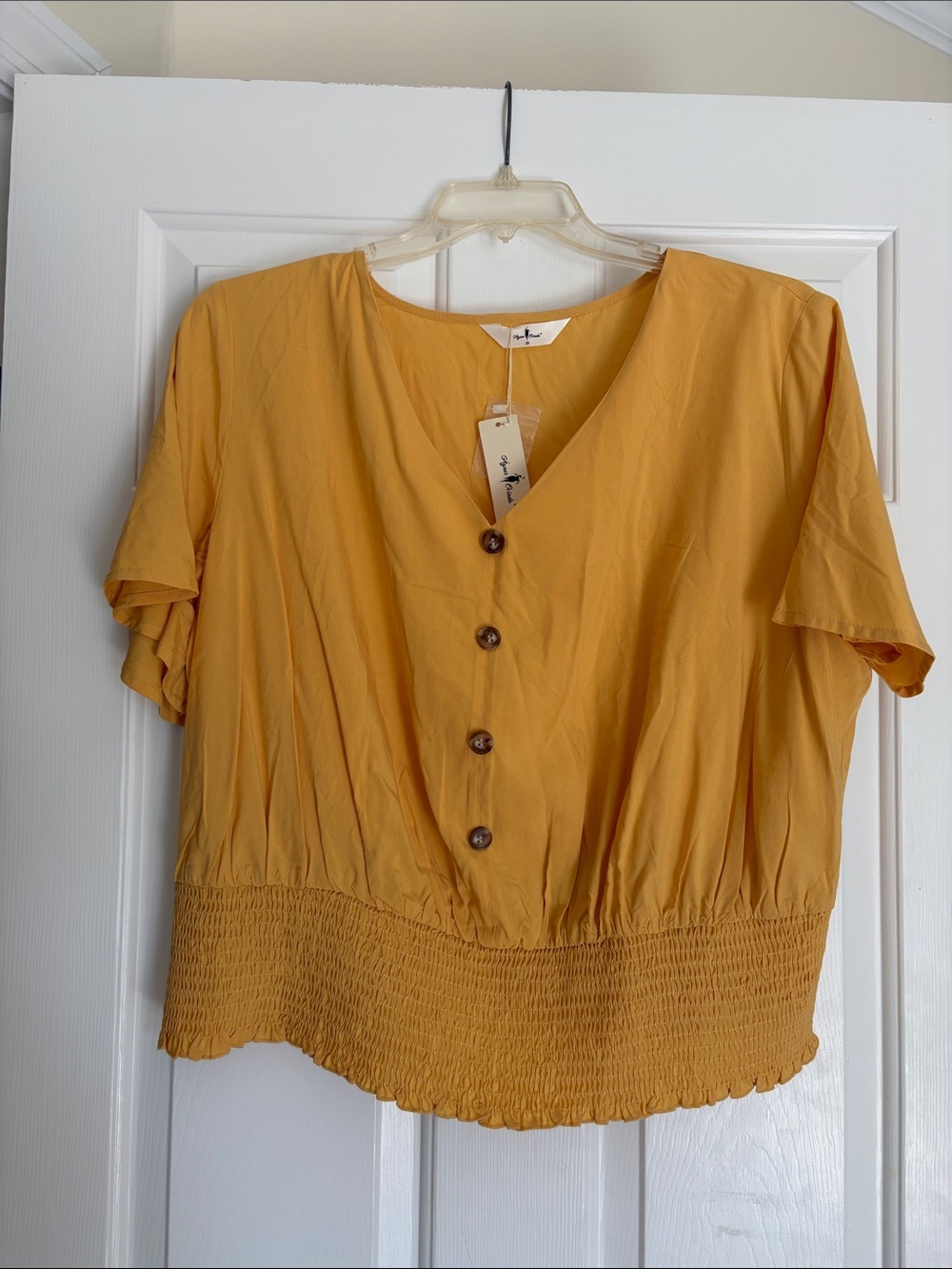 V-Neck Button-Front Smocked Hem Blouse in Mustard